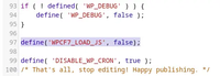 A screenshot showing ‘WPCF7_LOAD_JS’ being set to false in wp-config.php