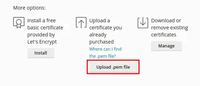 Plesk screenshot showing how to upload a '.pem' file