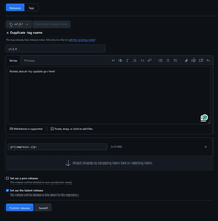 A screenshot of the GitHub create a release screen. A tag, title and description have been entered and a ZIP file has been attached.