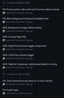 A screenshot showing the Github commit history for Hermitclock on the 19th and 20th May 2024.