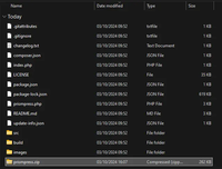 A screenshot of the Windows File Explorer open in a folder containing WordPress plugin files. There's a zipped file at the bottom called 'prismpress.zip'