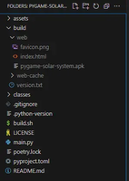 A screenshot of a Pygame project file structure after building with Pygbag.