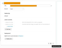 A screenshot showing the Git screen with the 'Repository settings' hovered in the bottom-right corner within Plesk.