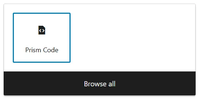 A screenshot showing the 'Prism Code' block being added in Gutenberg.