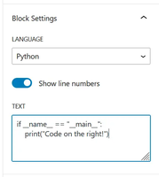 A screenshot showing the PrismPress 'Prism Code' Gutenberg block's 'Block Settings' sidebar.