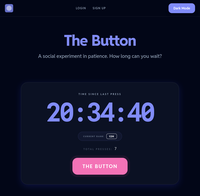 The homepage for The Button. It shows a timer, and a large button beneath it.