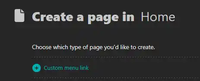 A screenshot of the 'Create a page' screen, showing the 'Custom menu link' option from wagtailmenupage.
