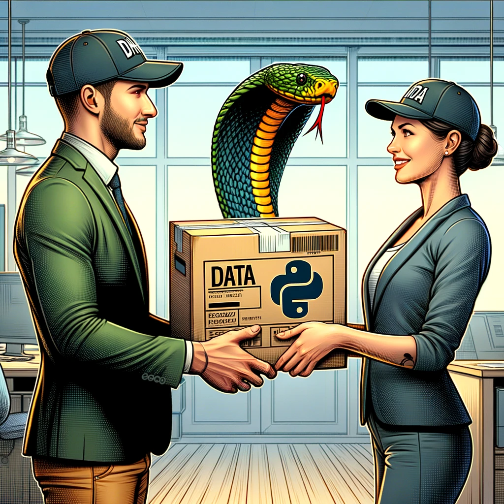 AI generated image of two people exchanging a box with a python on it.