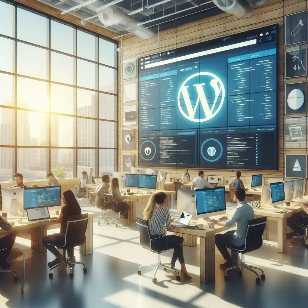 AI generated image of a busy office with a large screen on a wall showing the WordPress logo