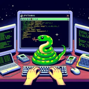 AI generated image of a pixel-art scene where a coiled up python is sat in front of a computer coding window