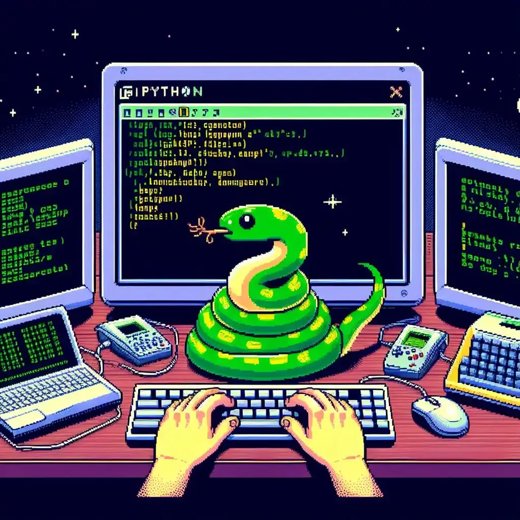 AI generated image of a pixel-art scene where a coiled up python is sat in front of a computer coding window