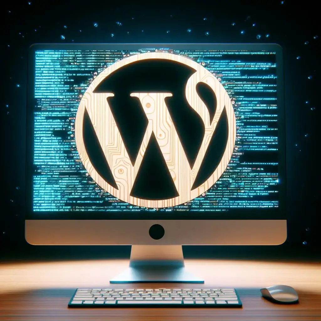 AI generated image of the WordPress logo layered on top of an all in one computer
