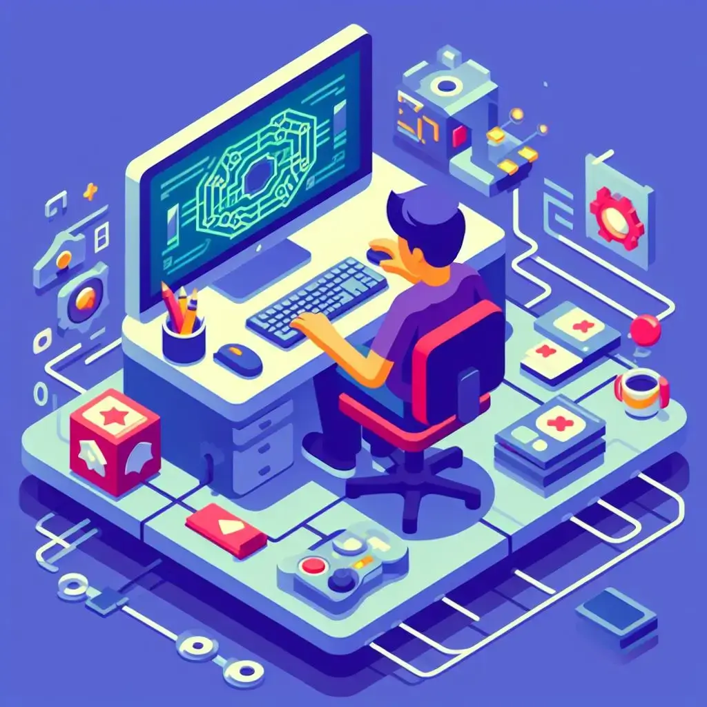 AI generated image of an isometric, stylised man using a computer