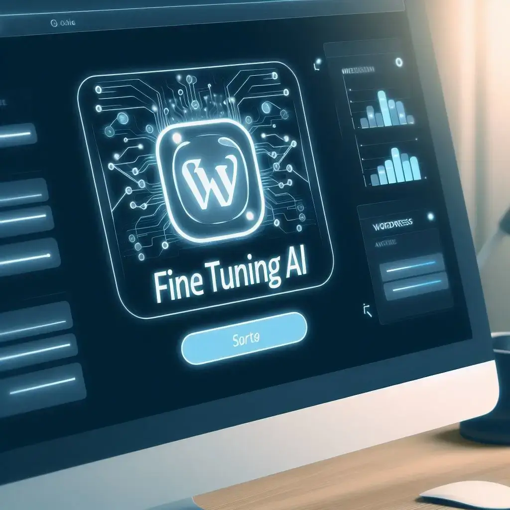 AI generated image of a computer screen with the WordPress logo and the words 'Fine Tuning AI'