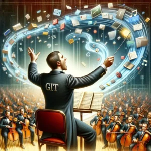 AI generated image of an orchestral conductor leading a stream of files. He has the word 'GIT' on the back of his shirt.