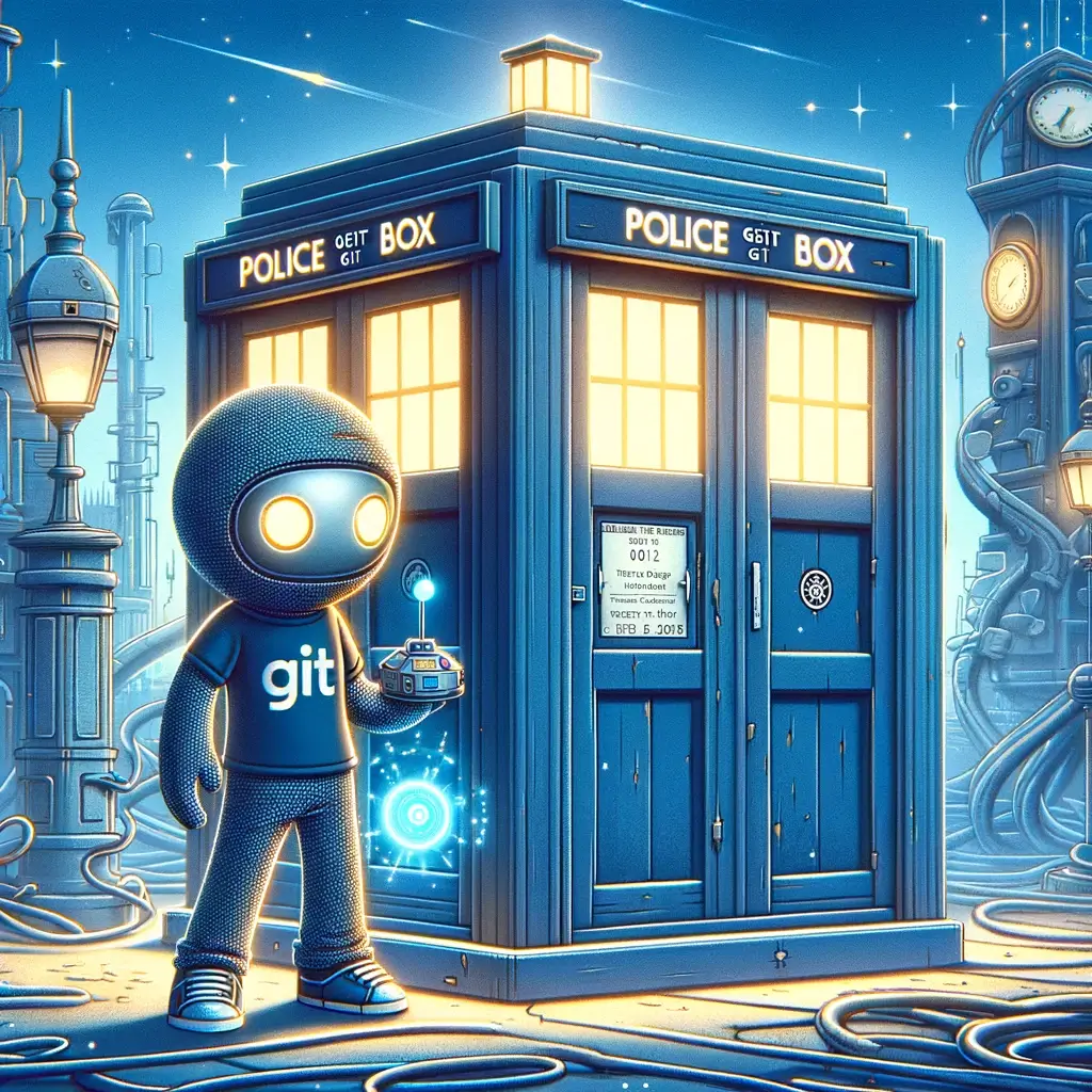 AI generated image of a character wearing a Git hoodie, stood next to a TARDIS