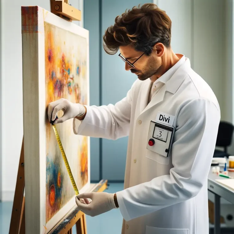 AI generated image of a scientist with a lab coat labelled 'Divi' measuring the frame of some artwork.