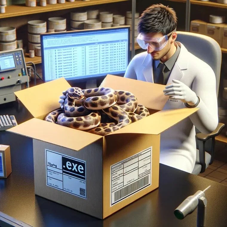 AI generated image of a scientist packaging a python into a shipping box labeled 'exe'