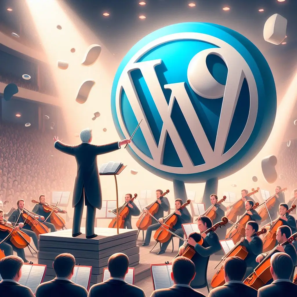 AI generated image of an orchestral composer leading an orchestra which is sat beneath the WordPress logo