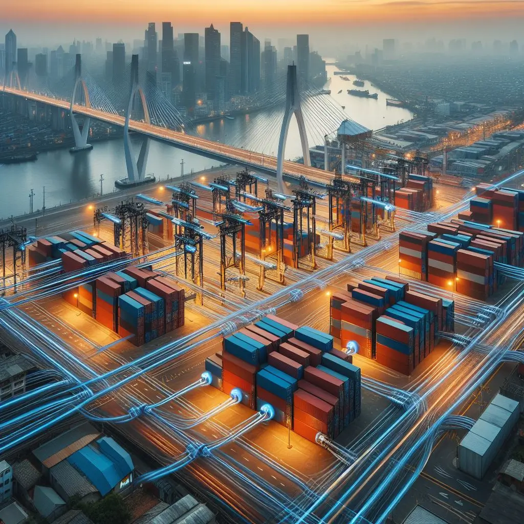 AI generated image of cargo containers on a shipping yard, linked by large electrical cables