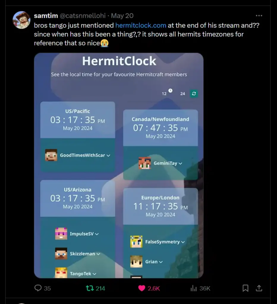 A screenshot of an X / Twitter post sharing HermitClock. The post has 35 replies, 214 retweets, and 2.6k likes.