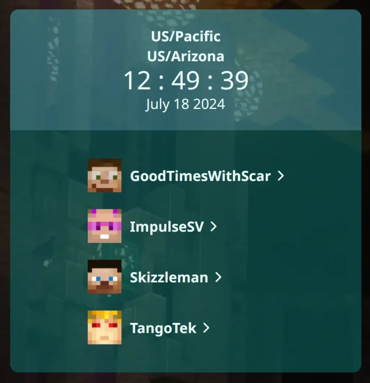 A screenshot of a group of Hermits, grouped by their current times in hermitclock.com