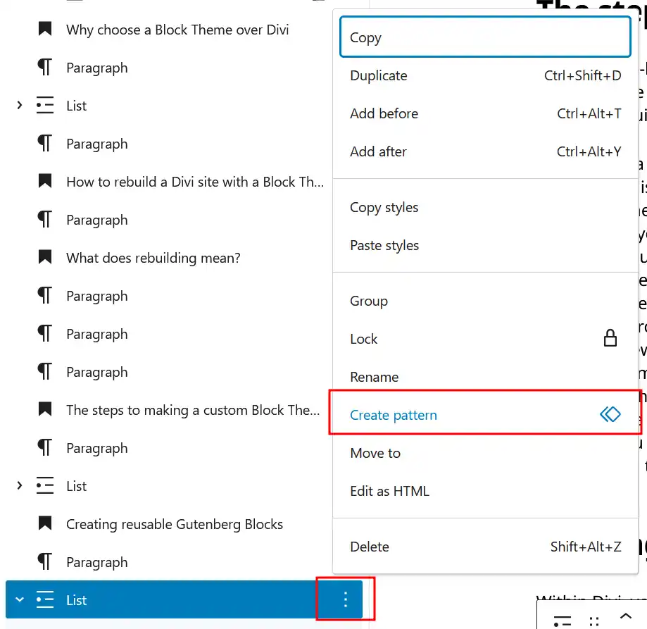 A screenshot showing the 'Create Pattern' button in the Gutenberg editor.