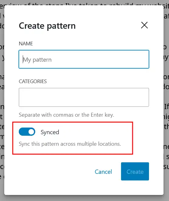 A screenshot showing the 'Create pattern' menu, with the 'Synced' option highlighted.