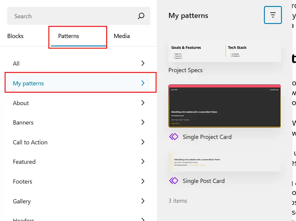 A screenshot showing how to add your patterns into Gutenberg.