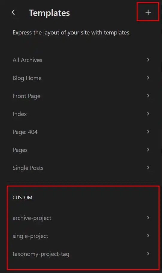 A screenshot showing the templates menu for Block Themes.