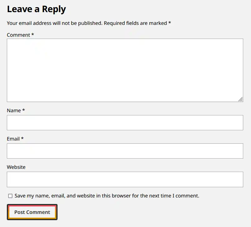 A screenshot of the default WordPress comment form with comment, name, email, website, and cookie input fields.