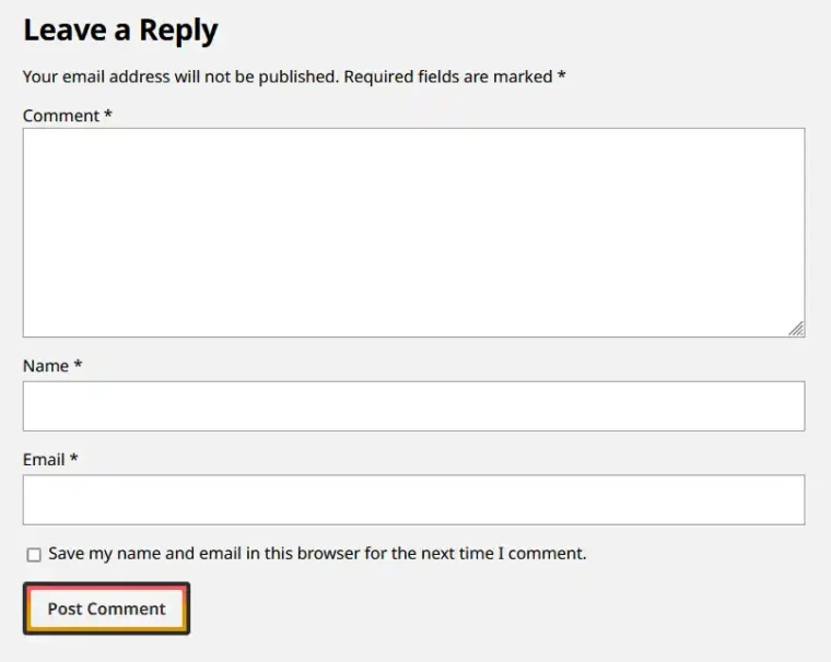 A screenshot of the WordPress comment form with comment, name, email, and cookie input fields. The cookie input field no longer mentions a website field.