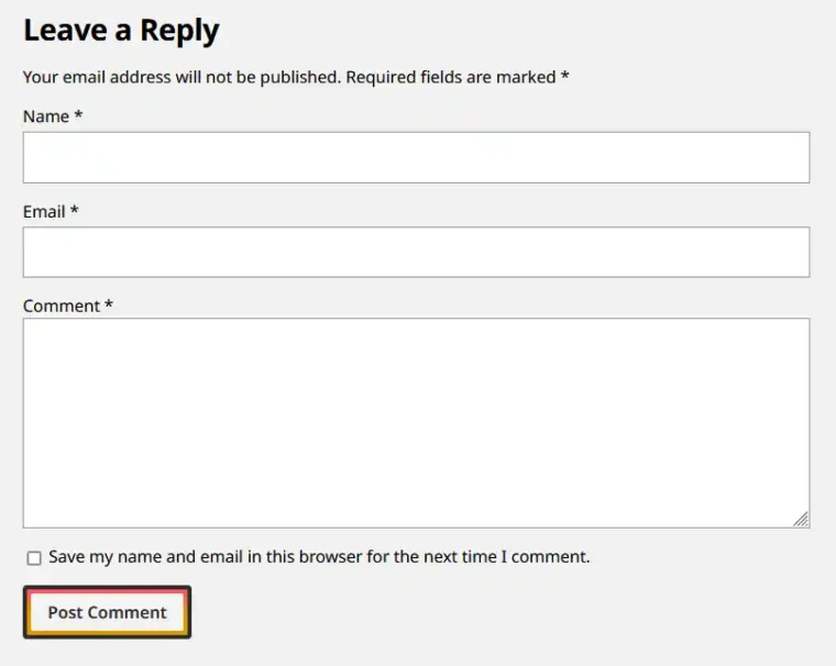 A screenshot of the WordPress comment form with name, email, comment, and cookie input fields.