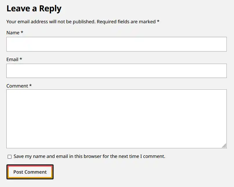 A screenshot of the WordPress comment form with name, email, comment, and cookie input fields.