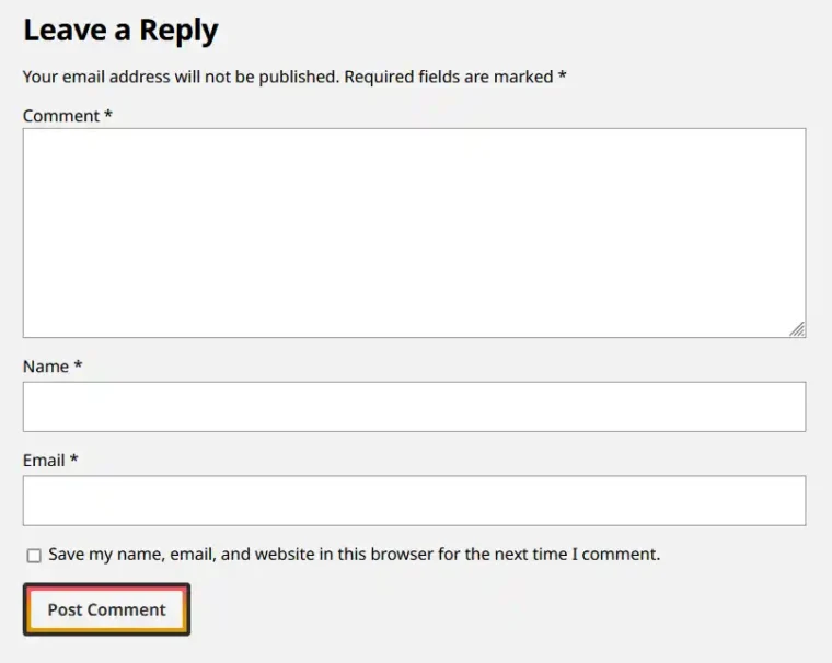 A screenshot of the WordPress comment form with comment, name, email, and cookie input fields. The cookie field still mentions the website input which is missing.