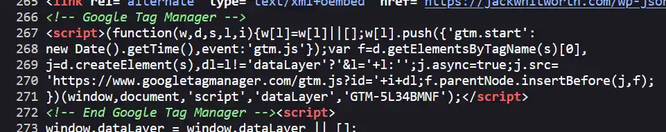 A screenshot showing GTM code in the head of my website which uses a custom block theme.