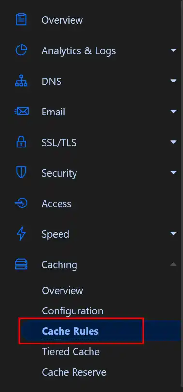 A screenshot showing how to navigate to the Cache Rules in Cloudflare