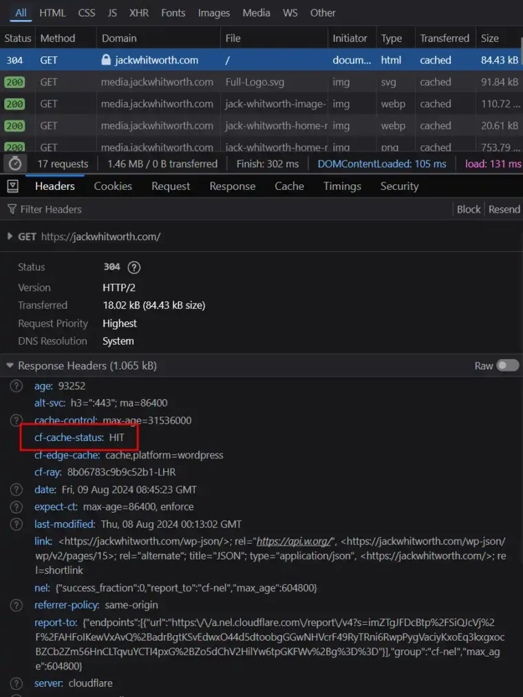 A screenshot of browser dev tools showing full-page HTML caching firing via Cloudflare for jackwhitworth.com.