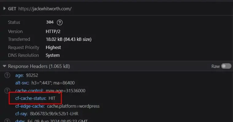 A screenshot of the browser dev tools showing a Cloudflare cache hit on the page request.