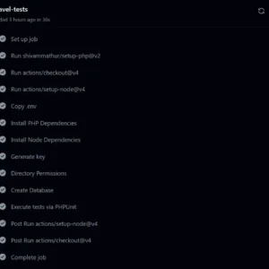 A screenshot of the GitHub actions pipeline for a Laravel Livewire test suite passing.