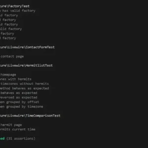 A screenshot of a terminal session running the test suite for HermitClock. This shows 21 individual tests running successfully.