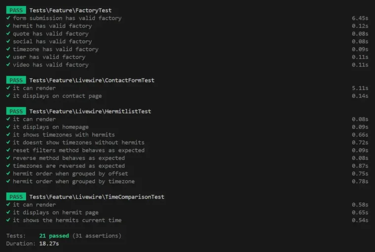 A screenshot of a terminal session running the test suite for HermitClock. This shows 21 individual tests running successfully.