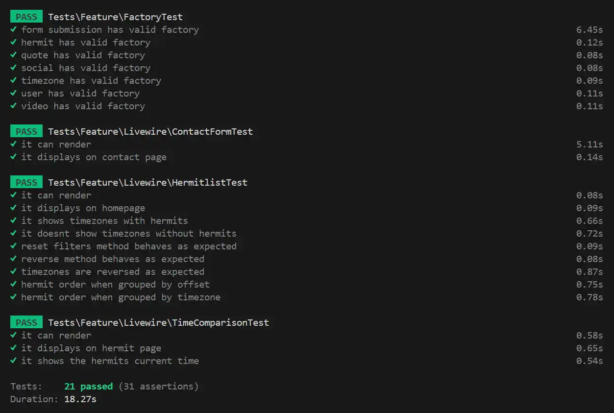 A screenshot of a terminal session running the test suite for HermitClock. This shows 21 individual tests running successfully.