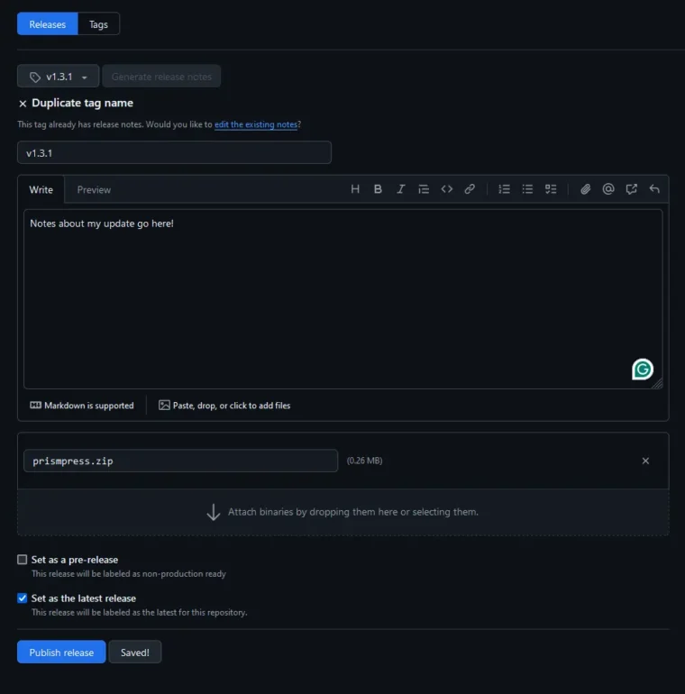 A screenshot of the GitHub create a release screen. A tag, title and description have been entered and a ZIP file has been attached.