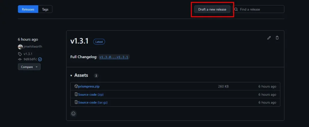 A screenshot of a GitHub Releases page. The 'Draft a new release' button is highlighted in red.