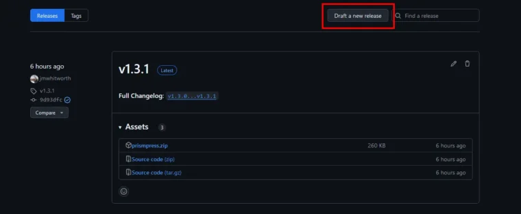 A screenshot of a GitHub Releases page. The 'Draft a new release' button is highlighted in red.