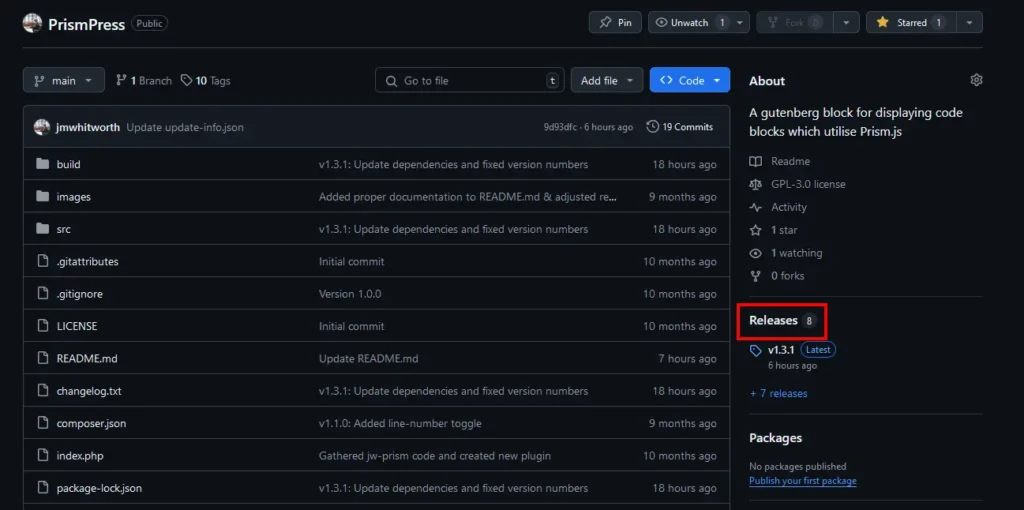 A screenshot of the PrismPress GitHub page. The 'Releases' option on the right-hand side is circled in red.