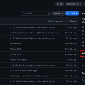 A screenshot of the PrismPress GitHub page. The 'Releases' option on the right-hand side is circled in red.