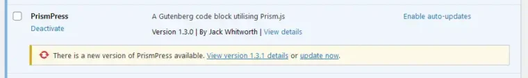 A screenshot of the PrismPress plugin on a WordPress plugin screen. The plugin shows a notice that a new version is available.