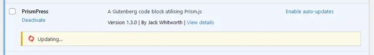 A screenshot of the PrismPress plugin on a WordPress plugin screen. The plugin has a notice that states it's updating.